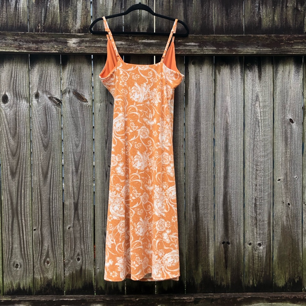 Joie Orange Floral Ruched Crossover Midi Dress Size L Sleeveless Stretch - Picture 8 of 11
